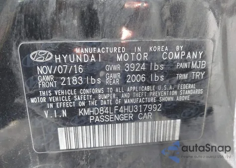 2017 Hyundai Elantra Limited z USA, uszkodzony, nr VIN KMHD84LF4HU317992